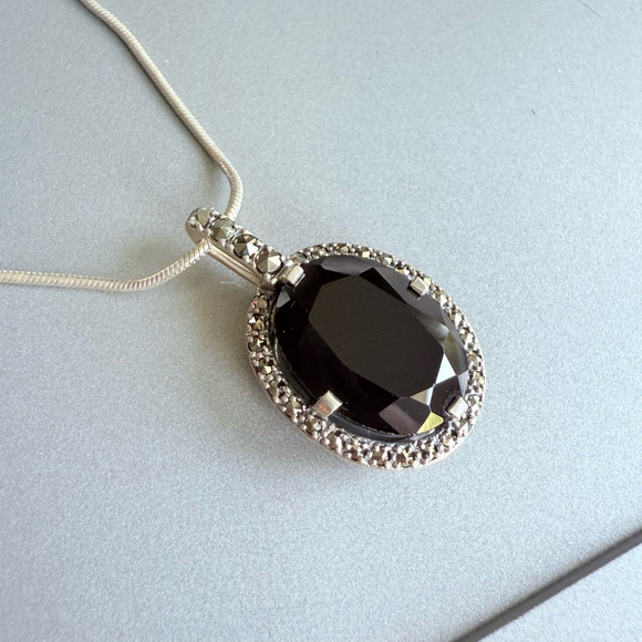 Black Onyx 10.82ct Enhancer Pendant w/ Marcasites 925 Sterling Silver Ne… - Picture 2 of 8